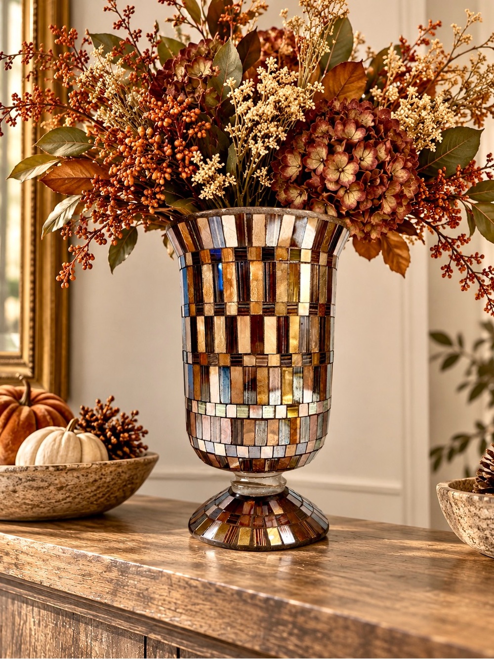 11” Decorative Stained Glass Mosaic Hurricane Vase
